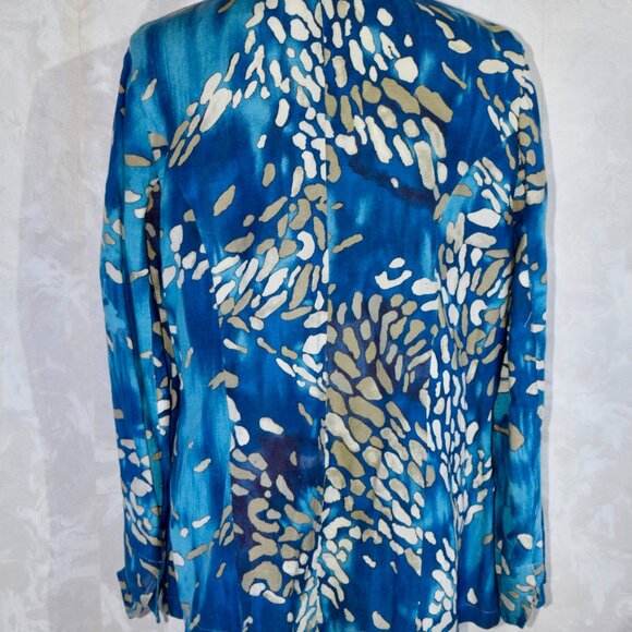 Coldwater Creek 1X Plus Size | Blue Tan Abstract Print Linen Blend Blazer Jacket - Picture 4 of 5